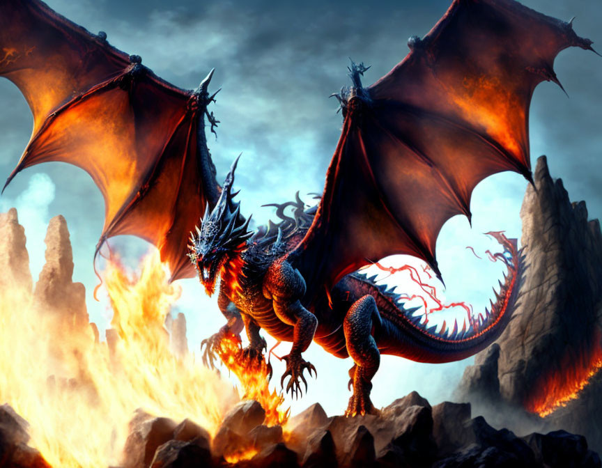 Fiery-colored winged dragon on rocky terrain under tumultuous sky