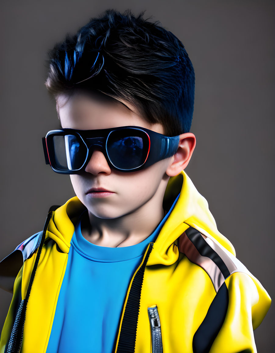 Stylish young boy in oversized sunglasses and colorful outfit