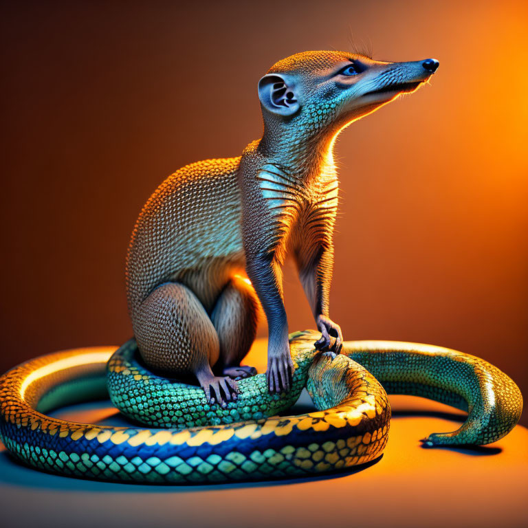 Meerkat on Green Snake with Orange Background