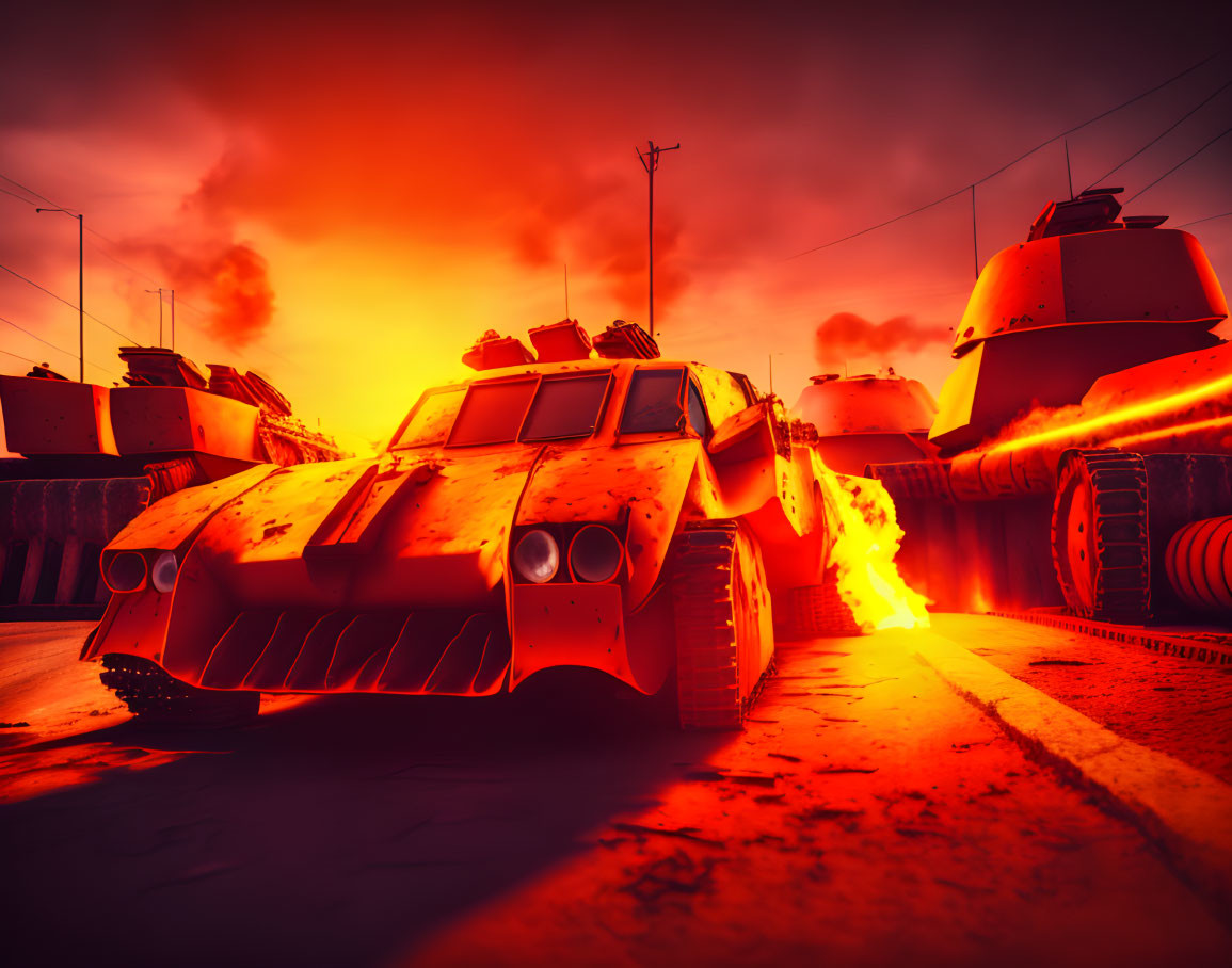 Armored tanks under fiery sky with vivid orange-red hues