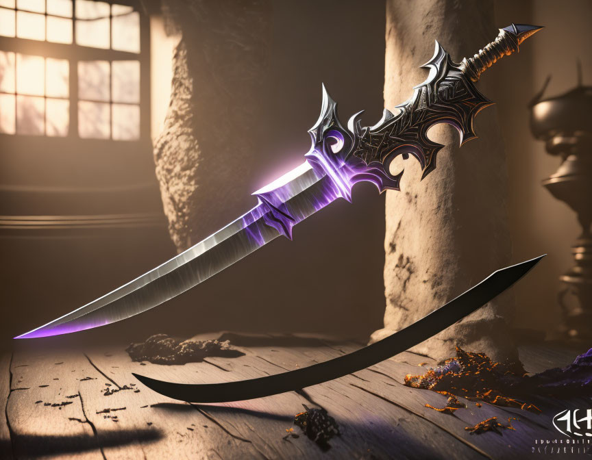 Intricate fantasy sword with glowing purple blade on wooden surface