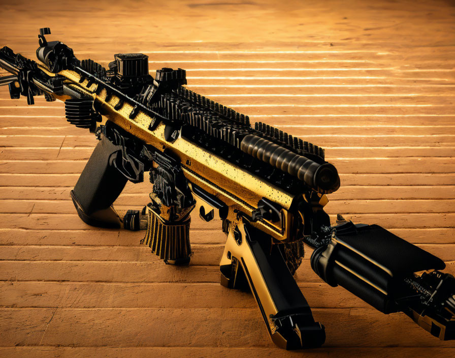 Black and Gold Assault Rifle with Scope on Bipod Resting on Wooden Surface