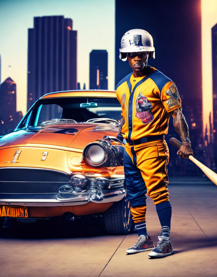 Stylized baseball player with bat next to classic car at urban sunset