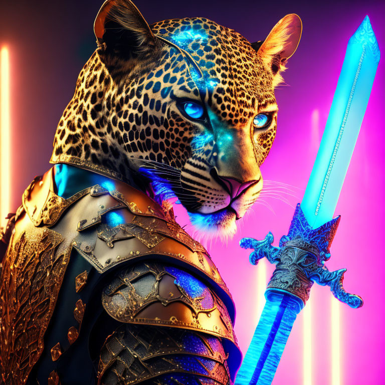 Leopard warrior in armor with glowing blue sword on neon background