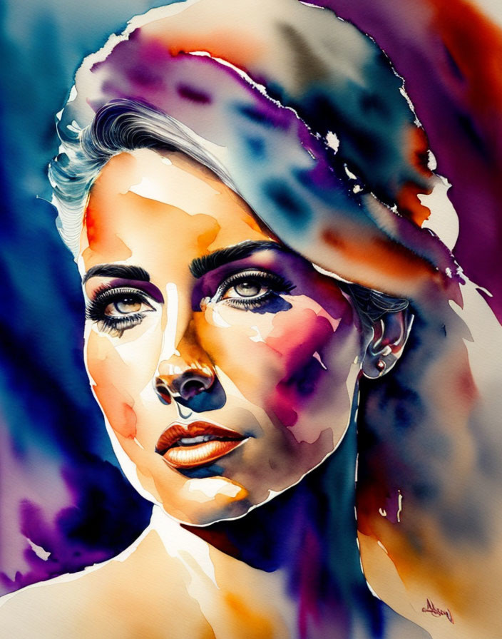 Vibrant watercolor portrait of a woman with colorful blending hues