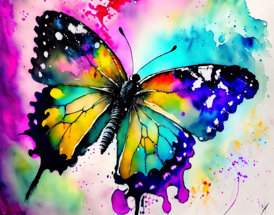 Colorful Watercolor Painting of Butterfly in Blues, Purples, Yellows, and P