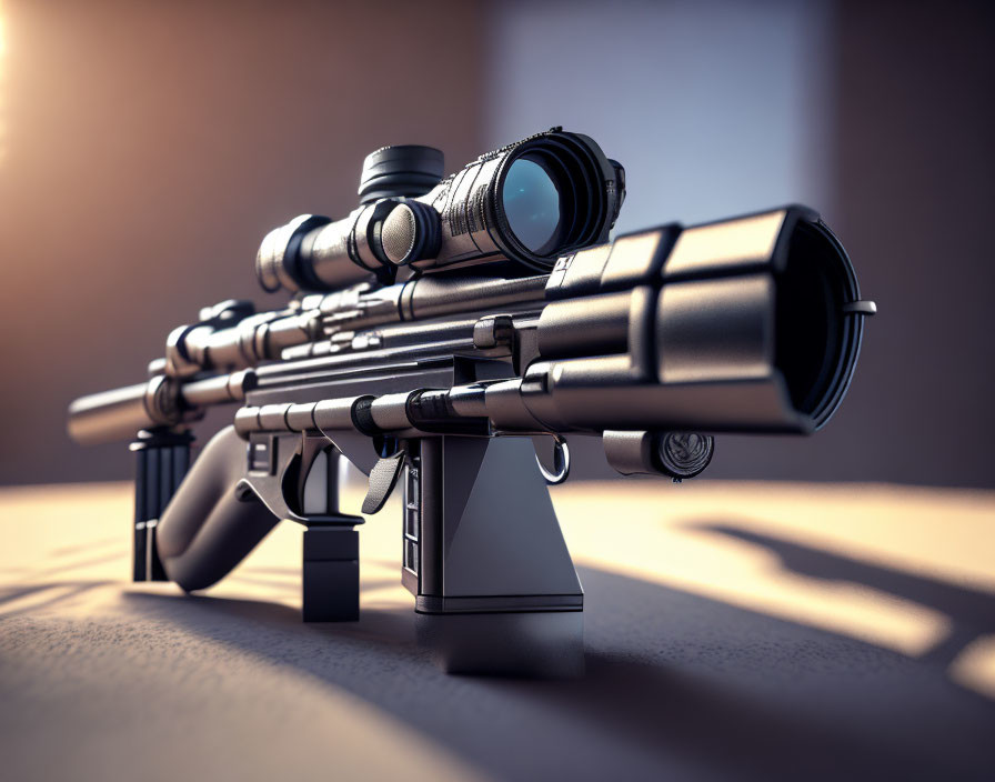 Sniper rifle with scope on stand under soft light