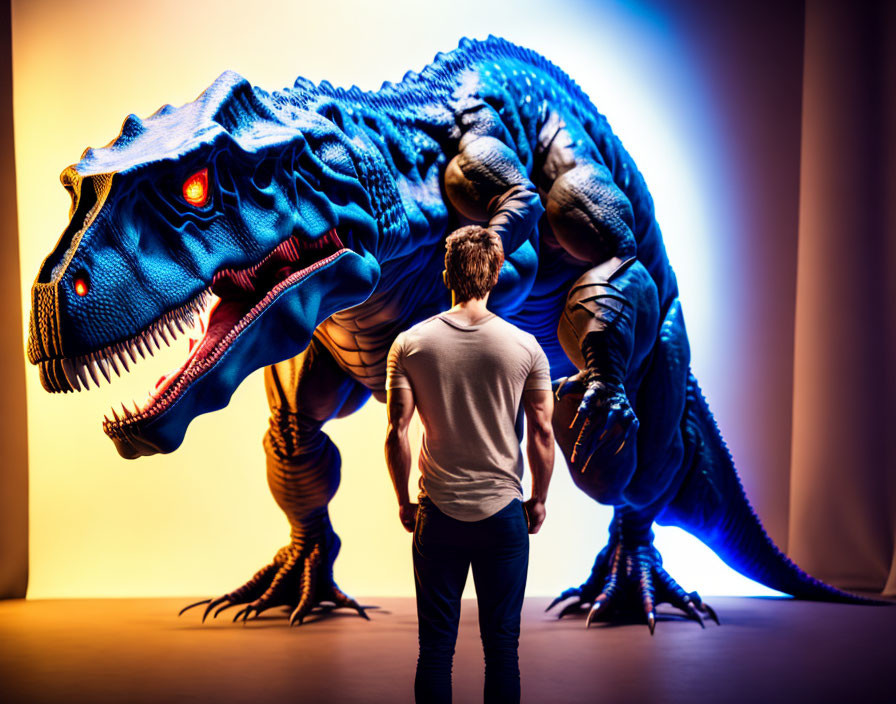 Person facing menacing animatronic Tyrannosaurus rex in dramatic lighting