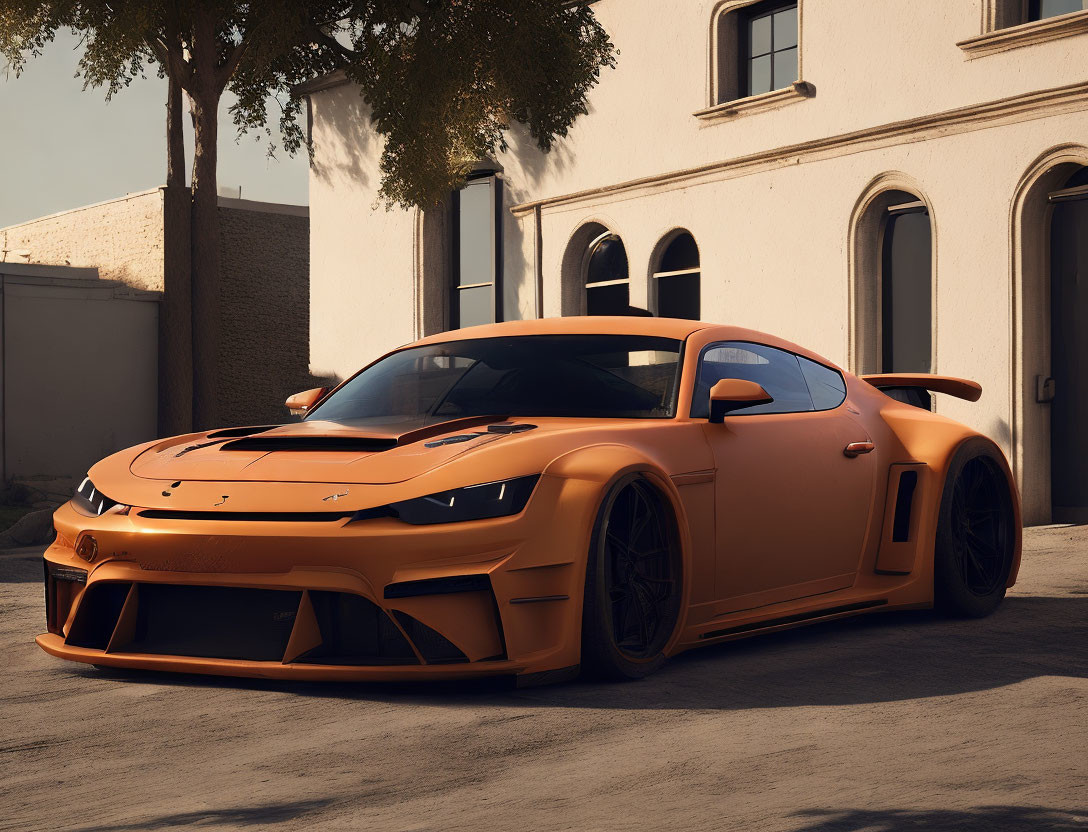 Custom Widebody Orange Sports Car Parked at Sunset