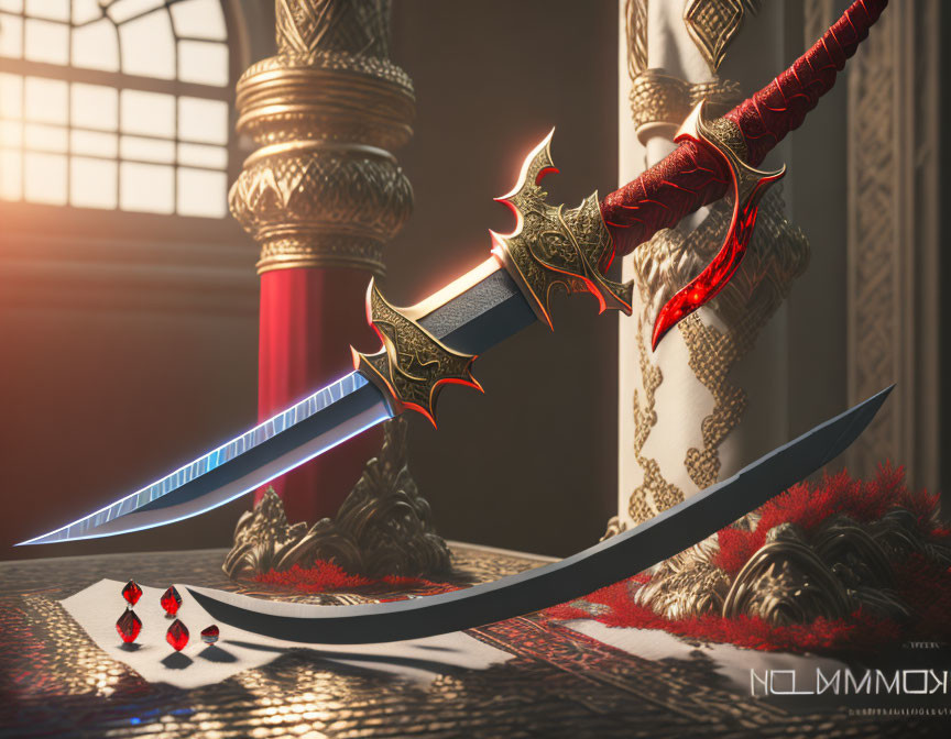 Ornate fantasy swords on patterned surface with gemstones in digital artwork