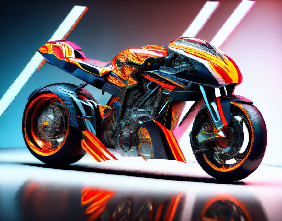 Sleek futuristic motorcycle with vibrant neon lines under dynamic lighting