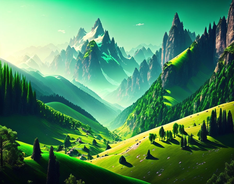 Scenic landscape with lush valleys and towering peaks