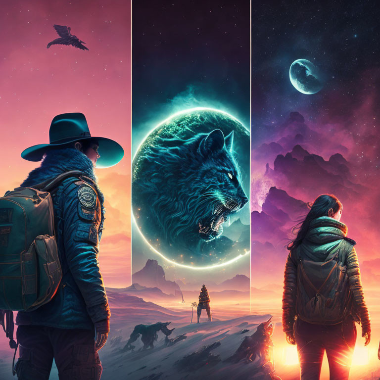 Triptych image of adventurers in epic landscapes with celestial wolf, dragon, and distant planet under colorful