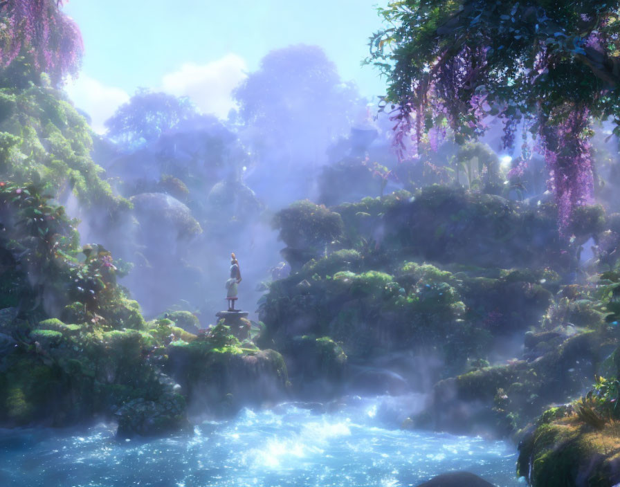 Mystical landscape with statue, lush greenery, waterfalls, and ethereal glow