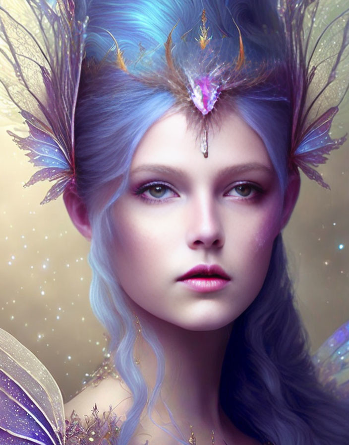 Fantasy digital artwork of female character with blue hair, wings, purple and pink feathers, crystal forehead