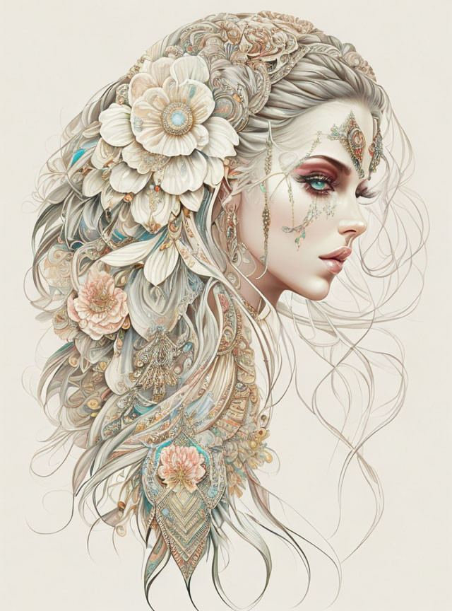 Detailed illustration of woman with floral hair patterns and ornate makeup