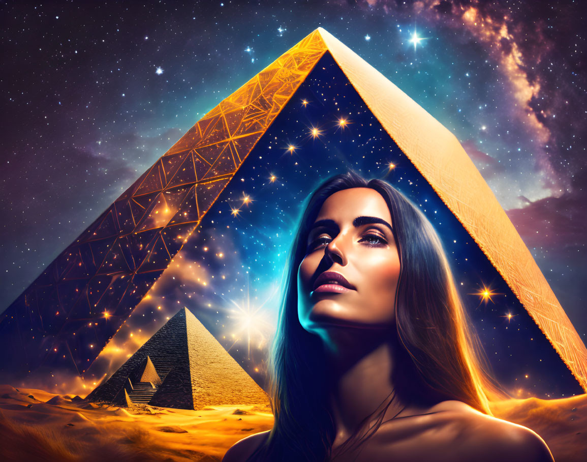 Surreal pyramids and star-filled sky with woman's face overlay