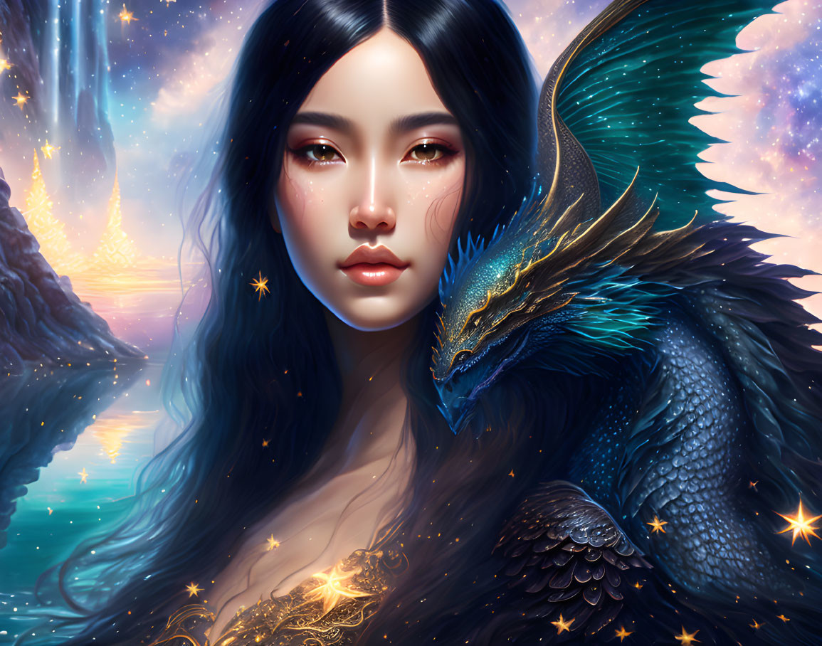 Fantastical portrait of woman with dark hair and blue dragon in magical sky