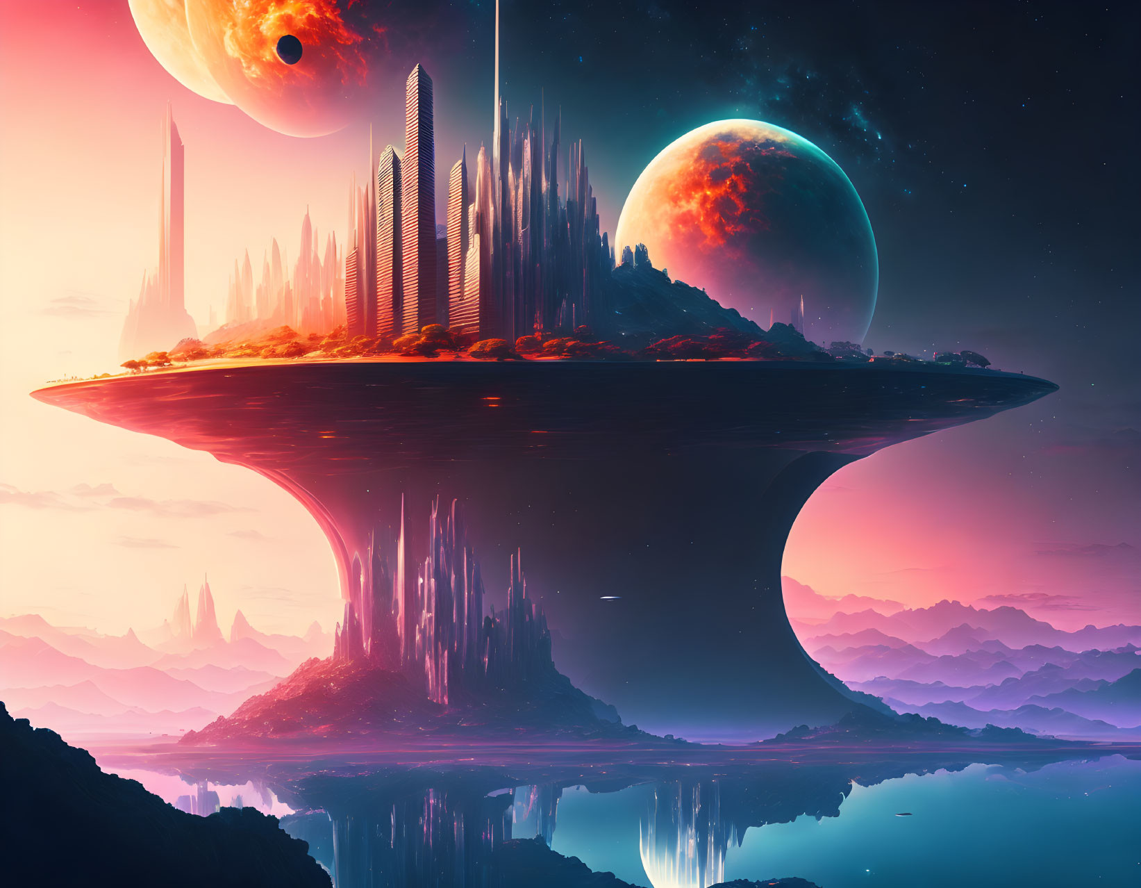 Futuristic city on floating landmass with large planets and pink skies