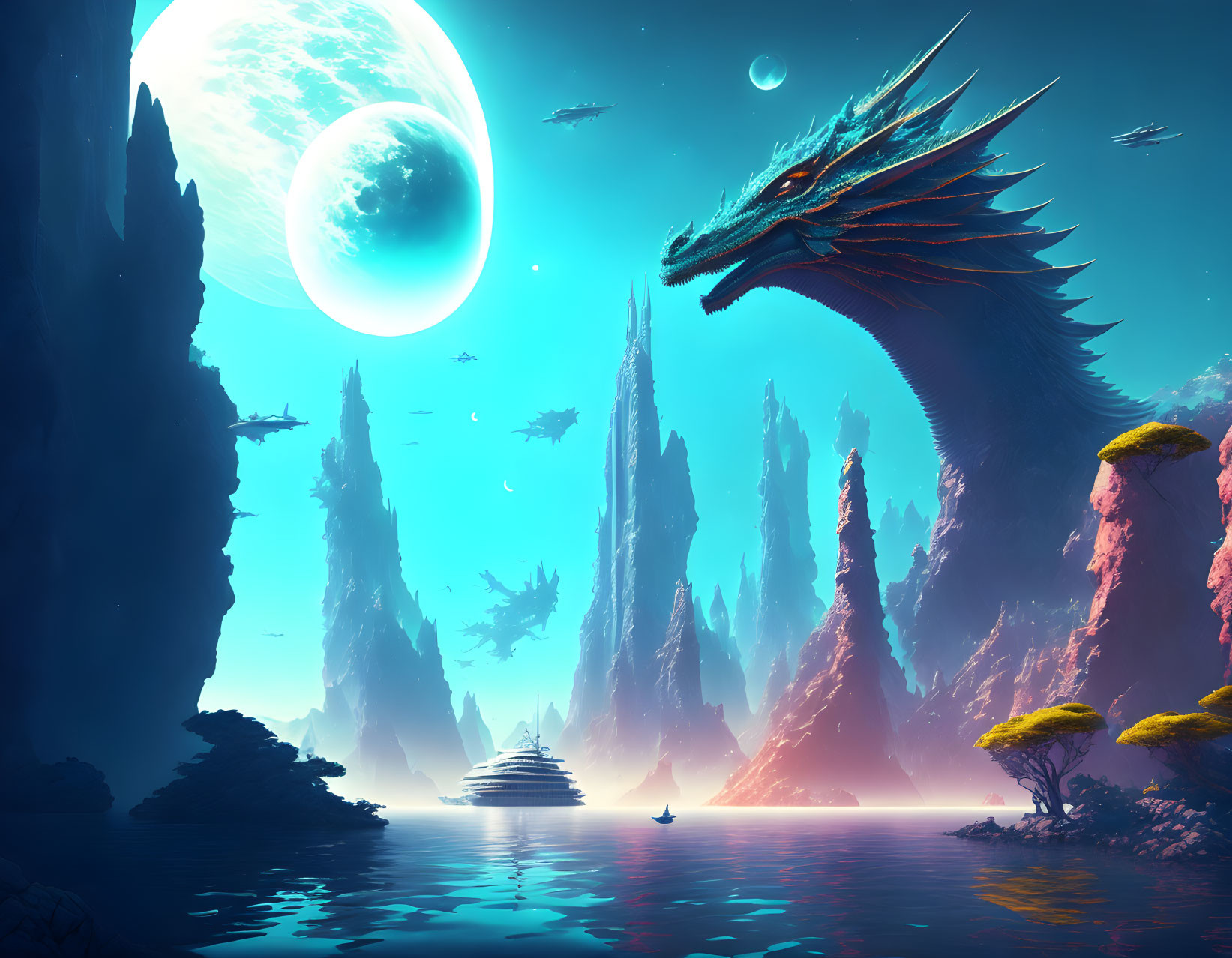 Majestic dragon on craggy cliff in surreal landscape