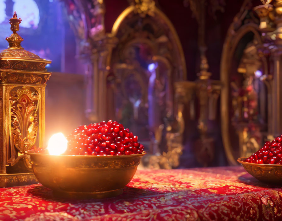 Golden bowls with red beads on patterned cloth in ornate religious setting