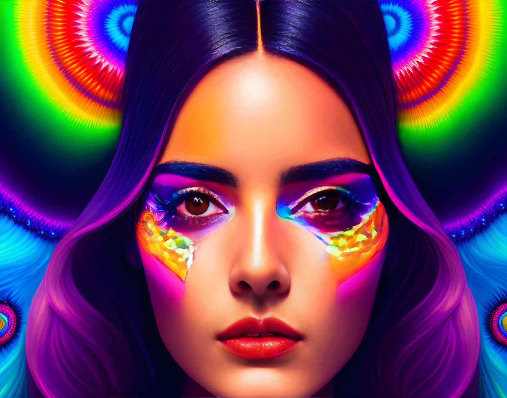 Vivid colorful makeup on woman in digital portrait