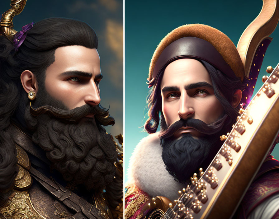 Stylized portraits of bearded man in armor and royal attire with intense gaze