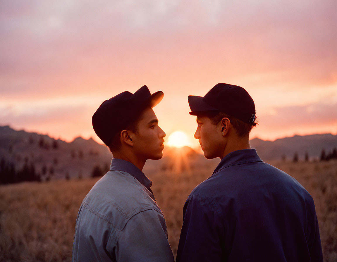 Men in hats face off at sunset in open field with hills and colorful sky