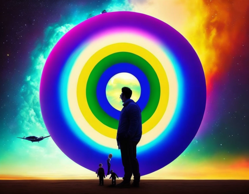 Man Silhouetted by Giant Colorful Portal with Nebula Sky, Plane, and Dog