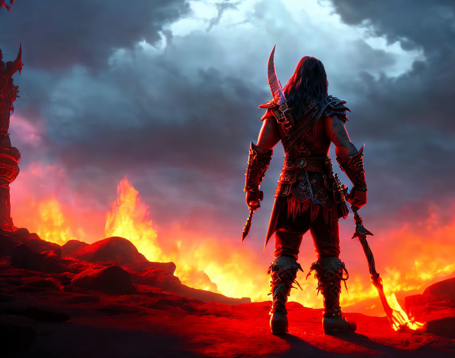 Warrior in Elaborate Armor Amid Erupting Flames and Hellish Landscape