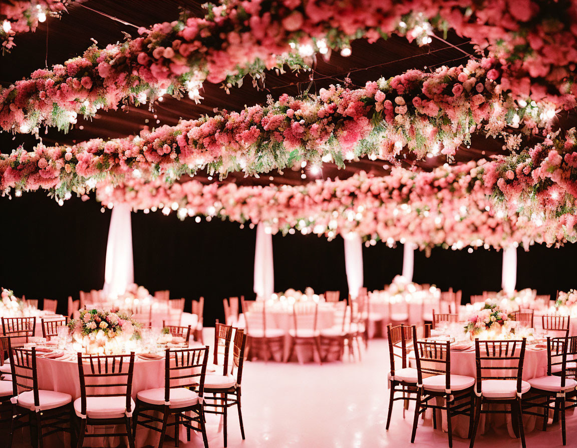 Sophisticated event space with lush floral decor and ambient lighting