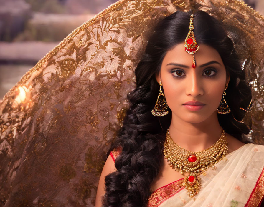 Traditional Indian Attire Woman with Braid and Gold Jewelry