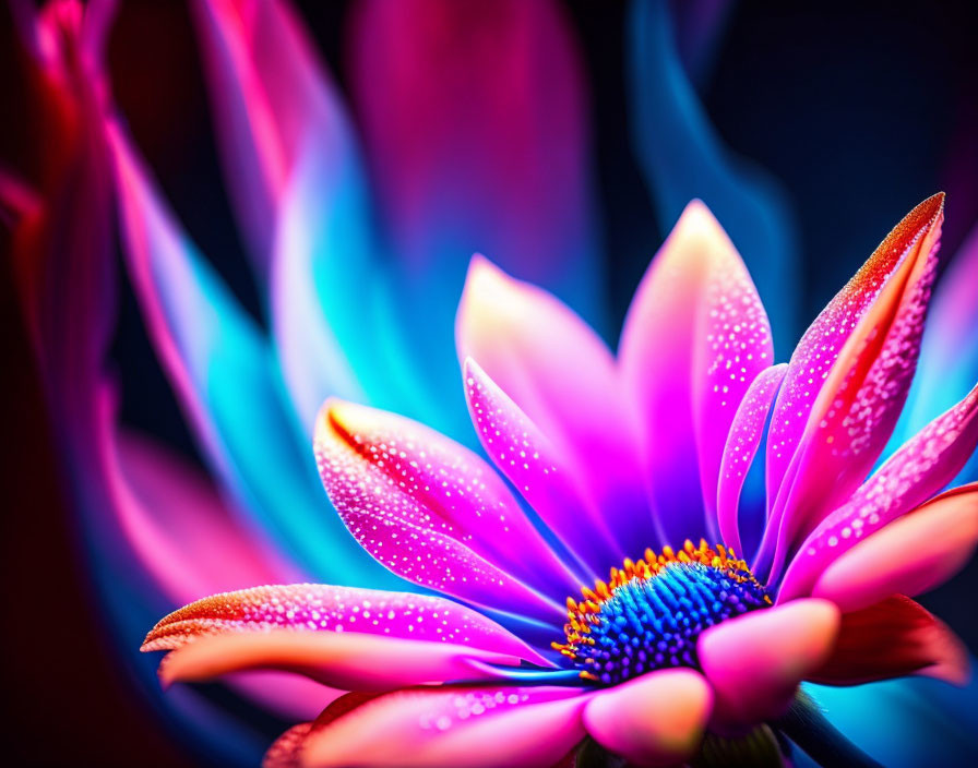 Neon blue and pink flower art on dark background