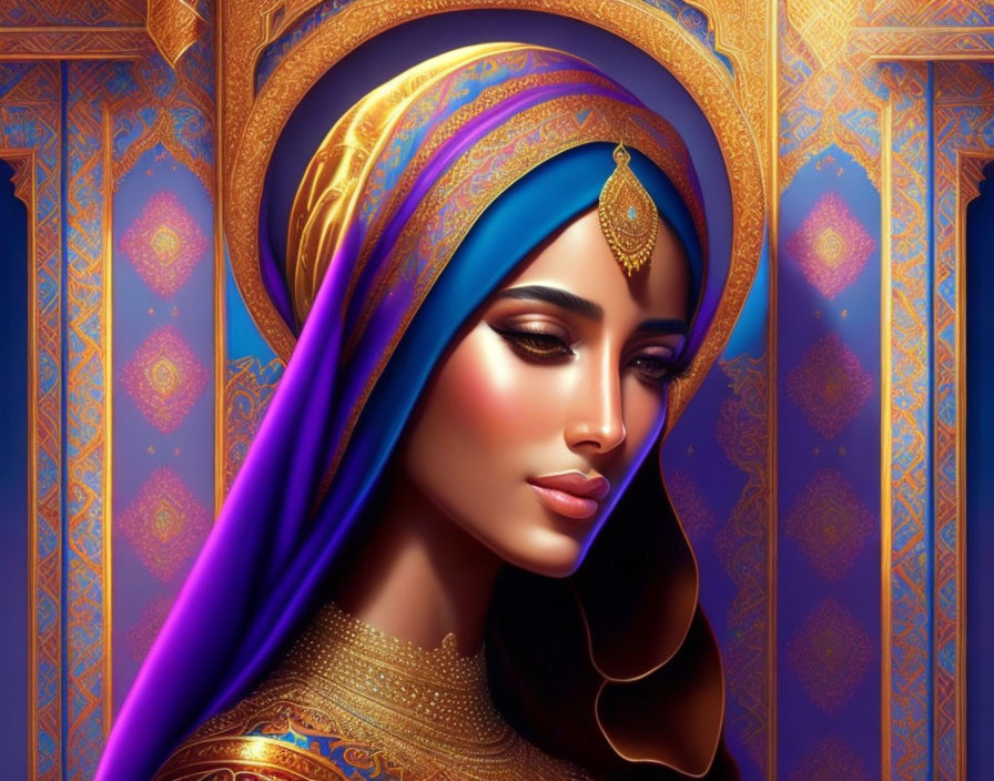 Illustration of woman with tanned skin in blue and gold headscarf, elegant jewelry, heavy