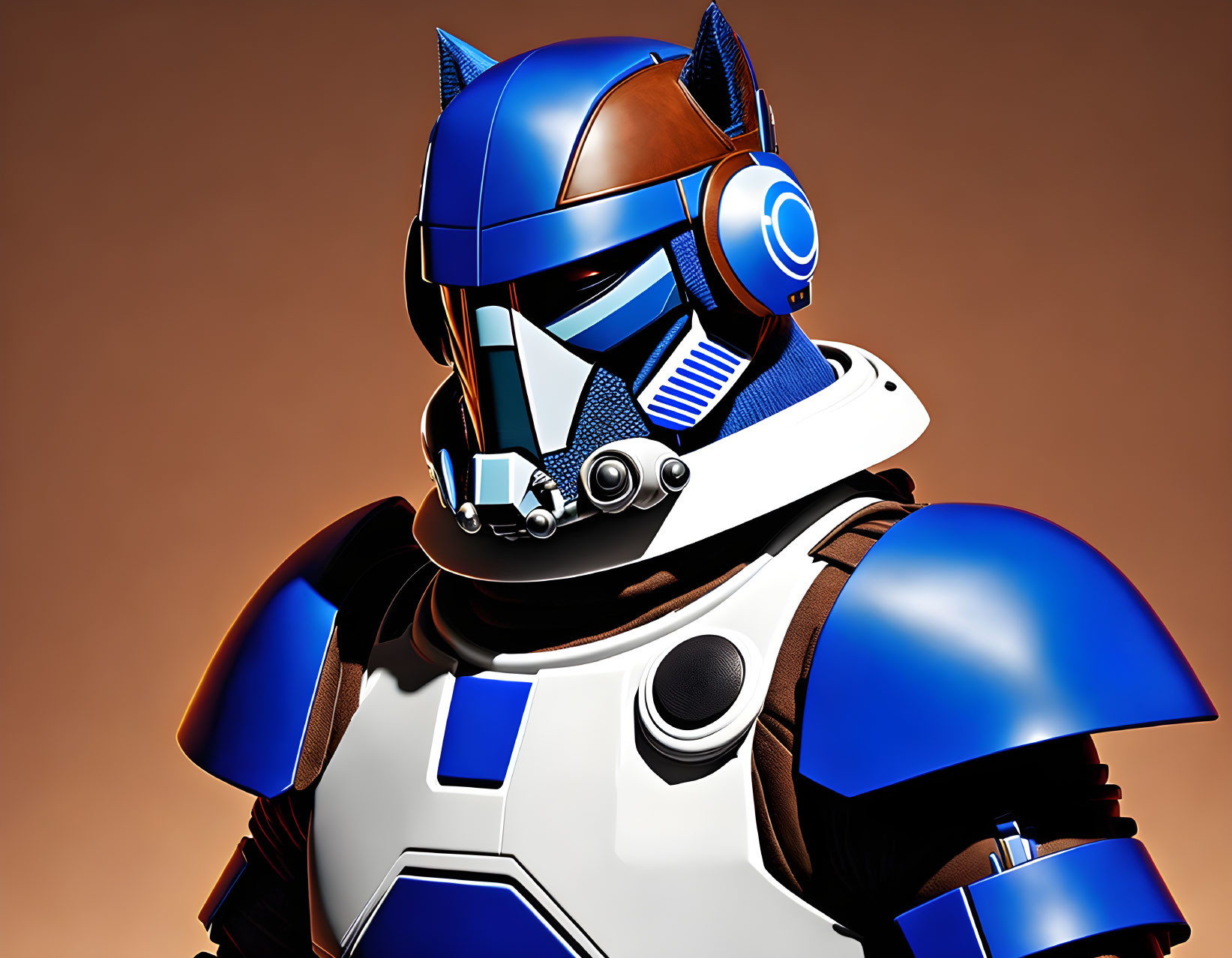 Futuristic character in blue and white armor on warm background