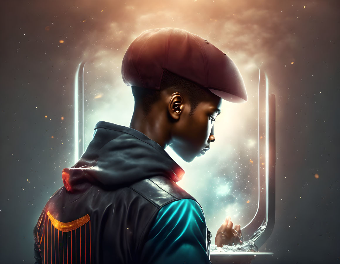 Profile View of Pensive Person in Beret with Cosmic Portal