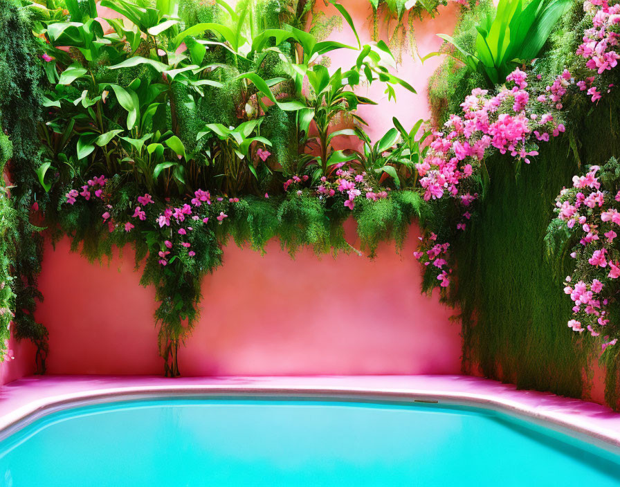 Tropical pool scene with green plants, pink flowers, and reflecting pink walls