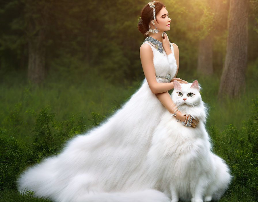 Woman in white gown with cat in forest under sun rays