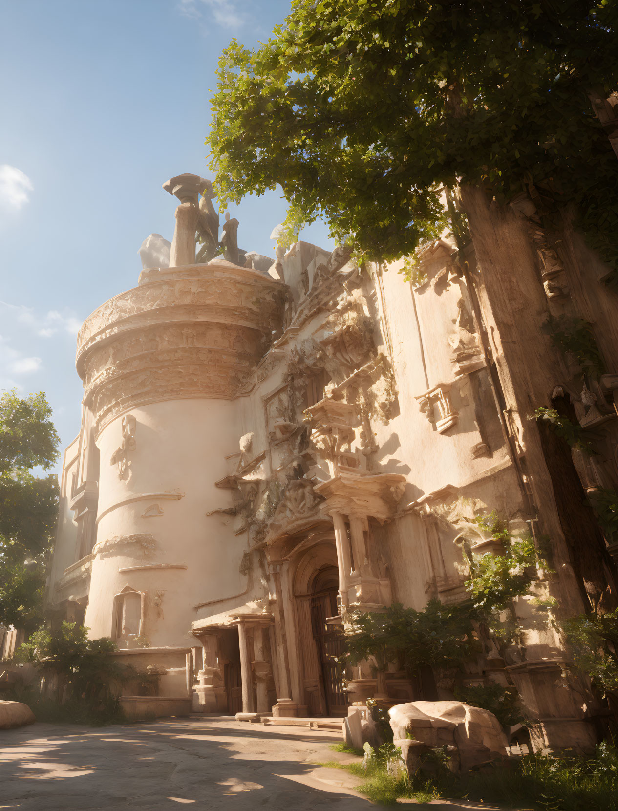 Ornate old building with statue on rounded tower in sunlit setting