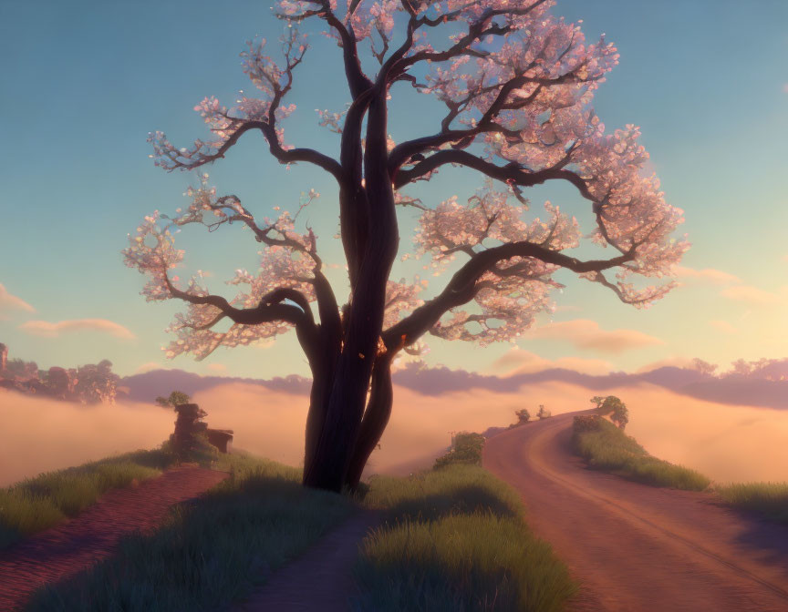 Tranquil landscape with large tree, pink blossoms, winding path, and hazy sunset