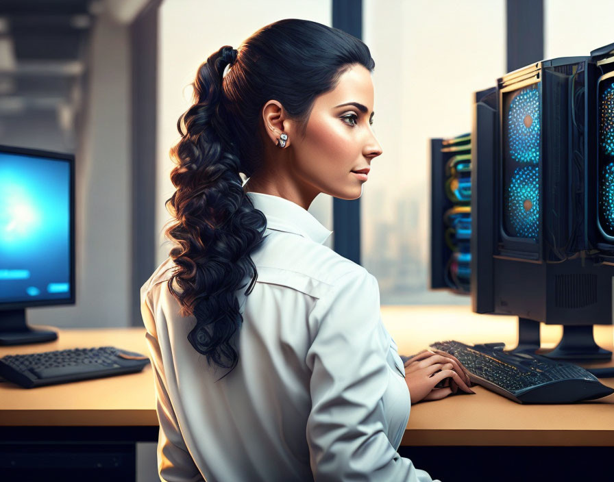 Professional woman with long braid at desk in modern office