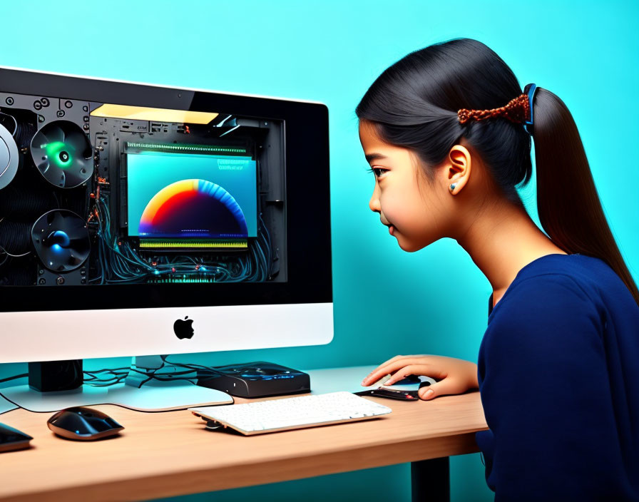 Girl with ponytail looks inside desktop computer on teal background