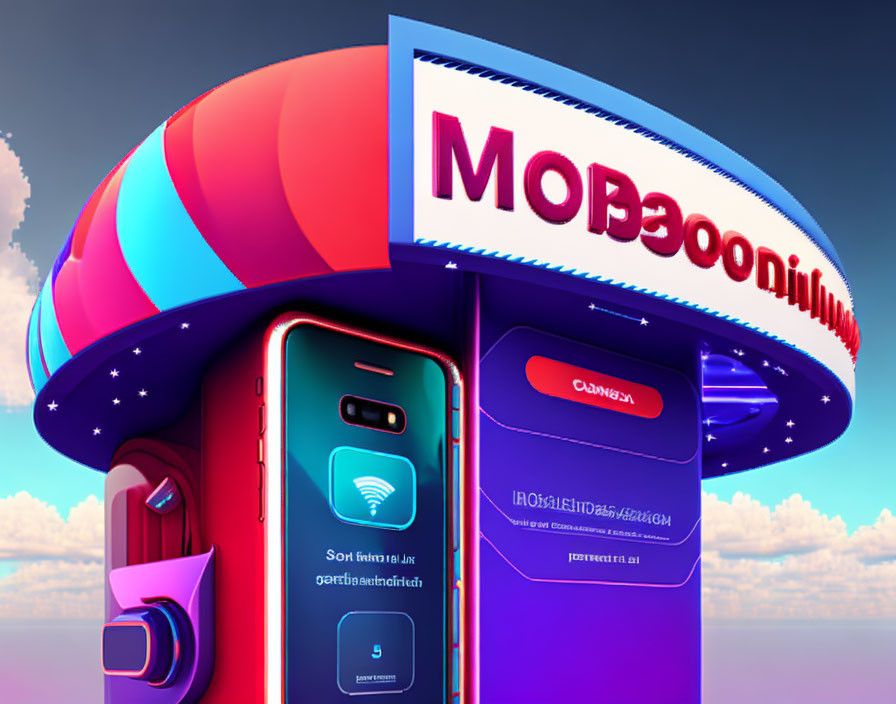 Futuristic phone booth with large screen interface in vibrant illustration