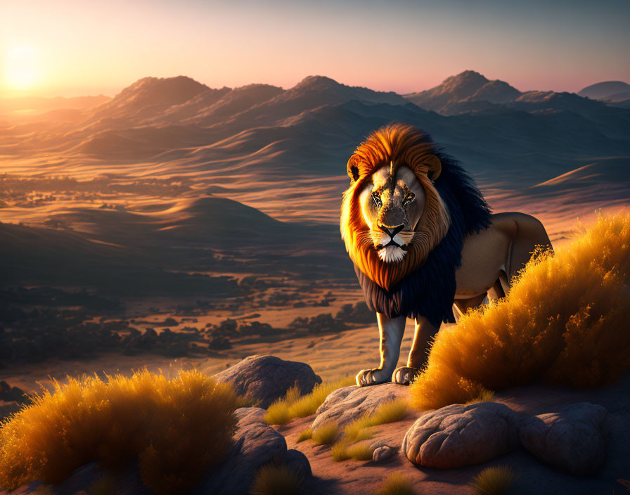 Majestic lion overlooking golden savanna at sunset