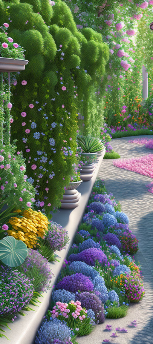 Vibrant purple, pink, and green garden path with topiary and potted plants