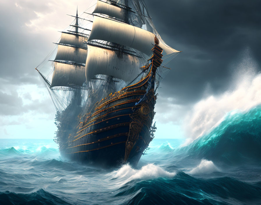 Historic tall ship sailing in stormy seas with full sails and crashing waves