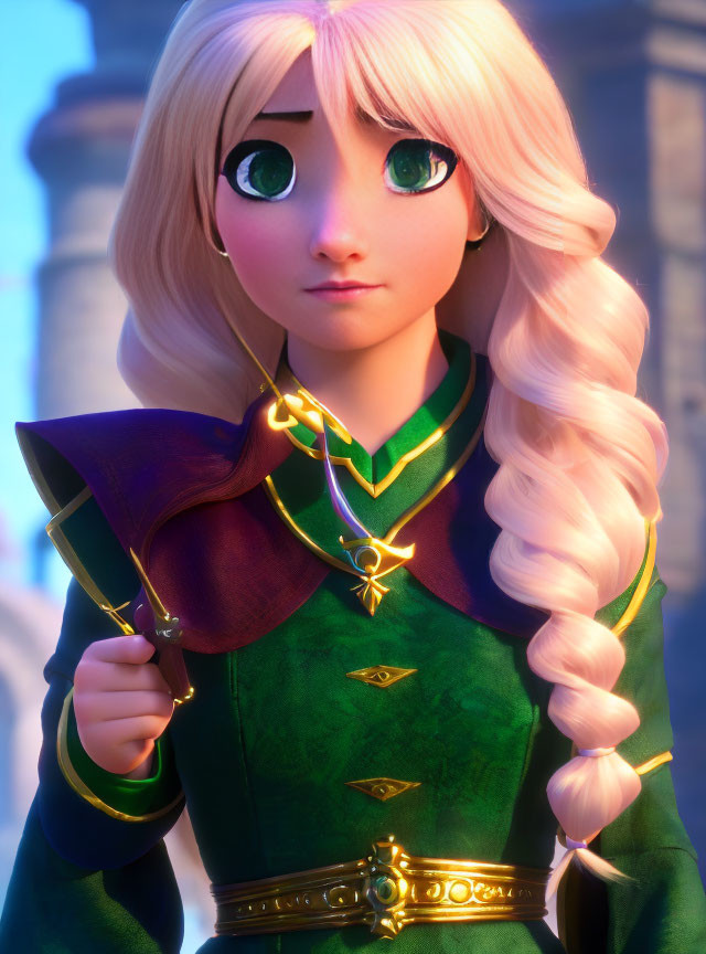 Blonde animated character with green eyes in green dress