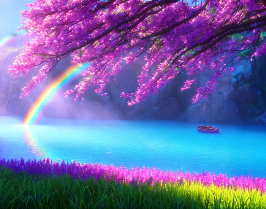 Tranquil lake scene with pink cherry blossom tree, rainbow, boat, and purple flowers