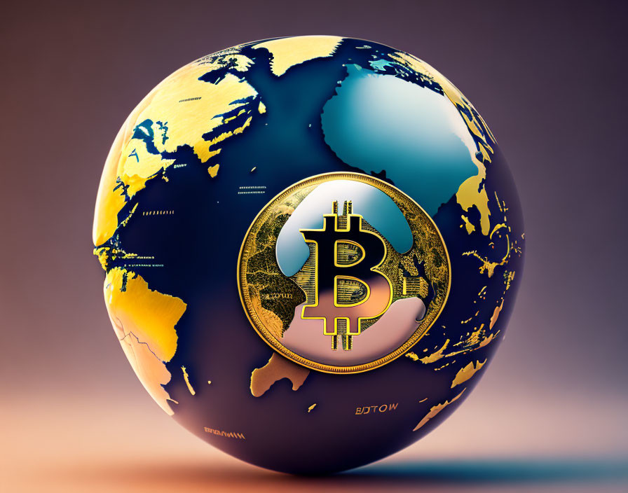 3D concept image of globe with golden Bitcoin symbol on gradient background