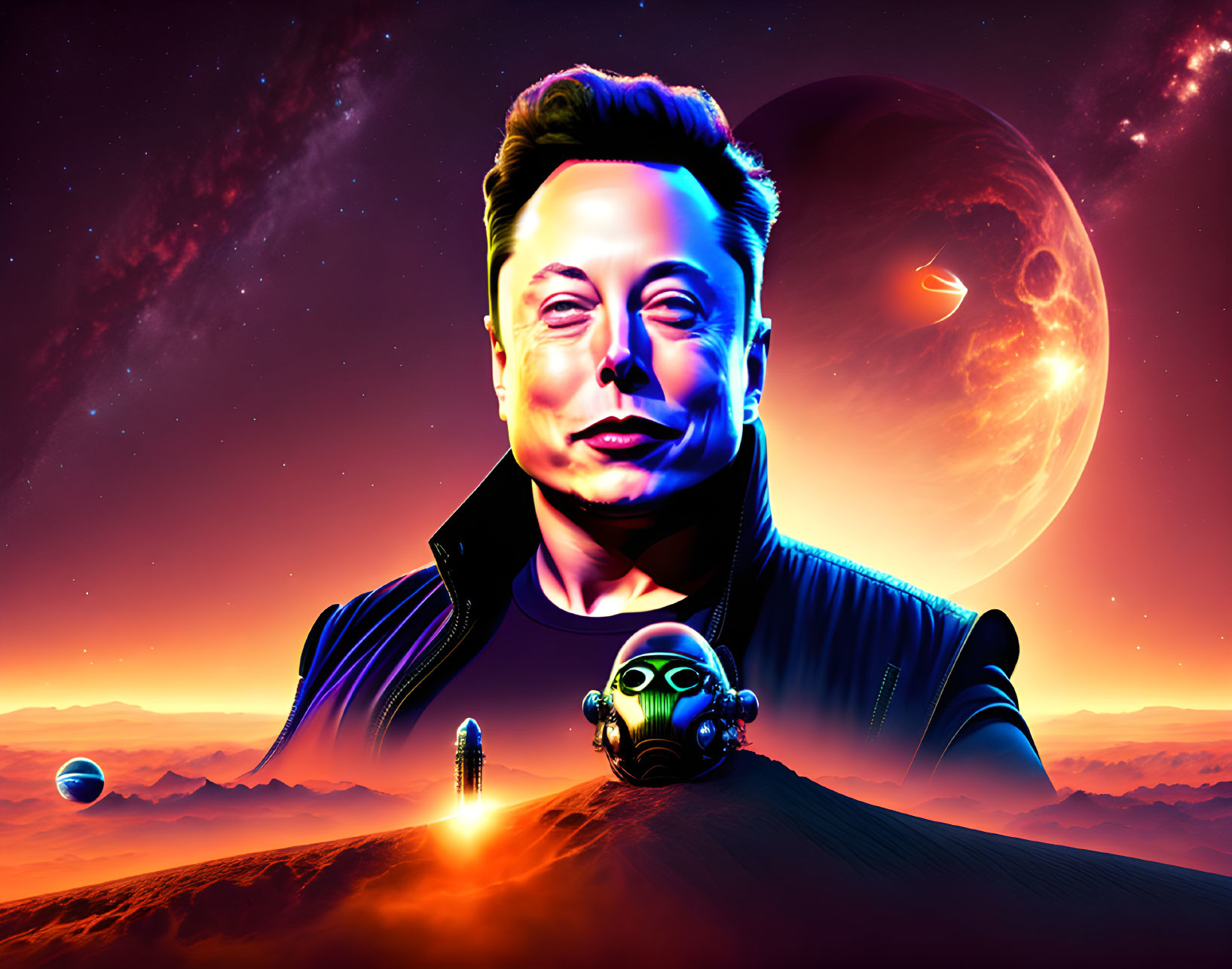 Stylized man's portrait with space-themed background